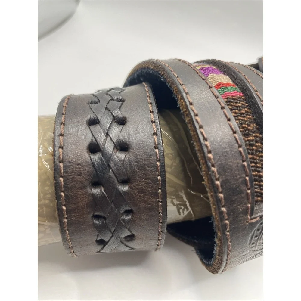 Hand tooled Leather Belt  Woven Design from Peru Hidden Zip Money Pocket Mens 38